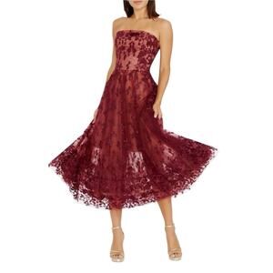 Dress the Population Kailyn Embroidered Lace Strapless Midi Dress XXL Burgundy